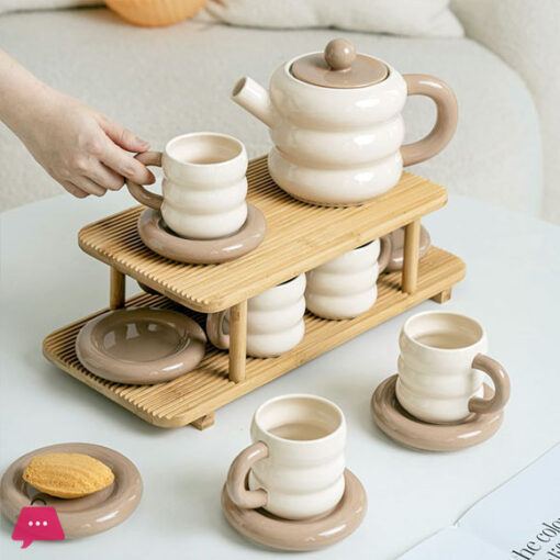 Dounts Porcelain Tea Set on a Wooden Stand 16-Piece - Image 4