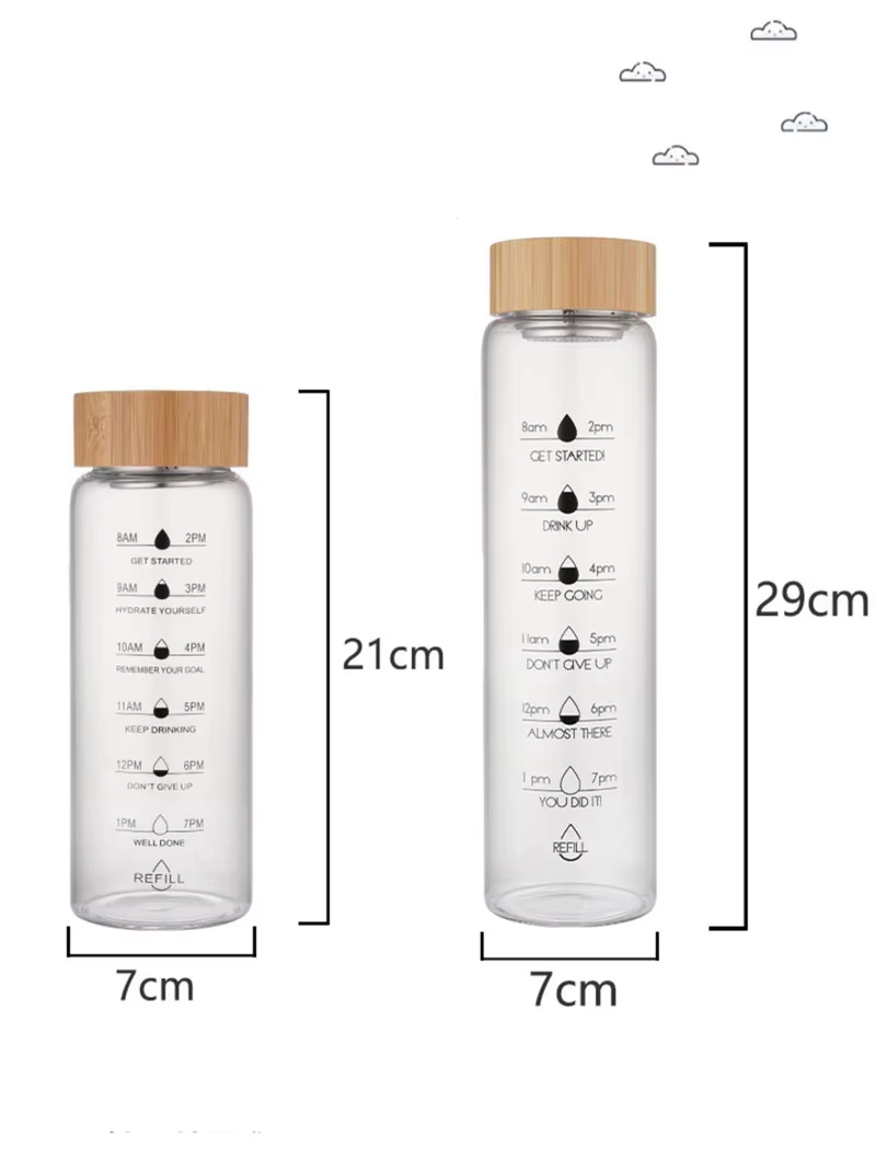 Glass Water Bottle with Time Marker Motivational Cup for Sport Fitness Leakproof Drinking Bottle 1000ml