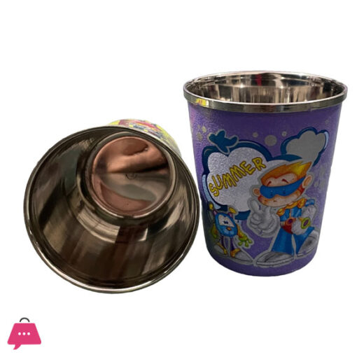 Indian Stainless steel kids Glass with Bell for Drinking & Playing - Mini Ghanti Glass- Coloured Cartoon printed 75ml - Pack of 2