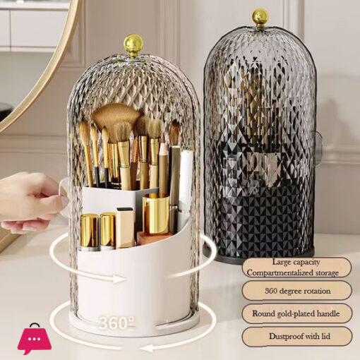 Makeup Brush Holder with Lid Diamond Birdcage 360 Rotating Makeup Organizer Dustproof