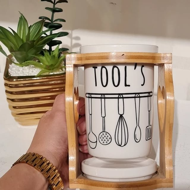 Porcelain Spoon Holder with Bamboo Stand