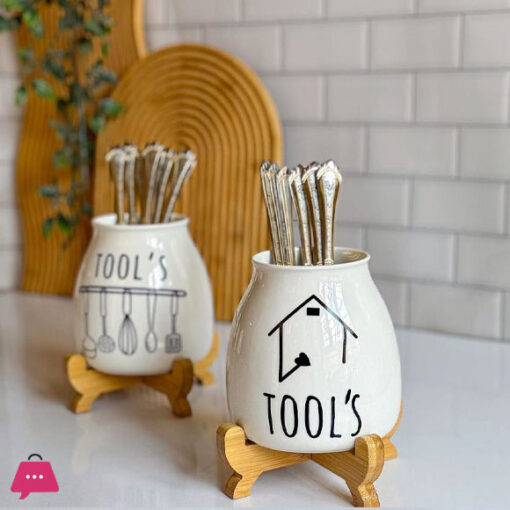 Porcelain Spoon Holder with Bamboo Stand - Image 3