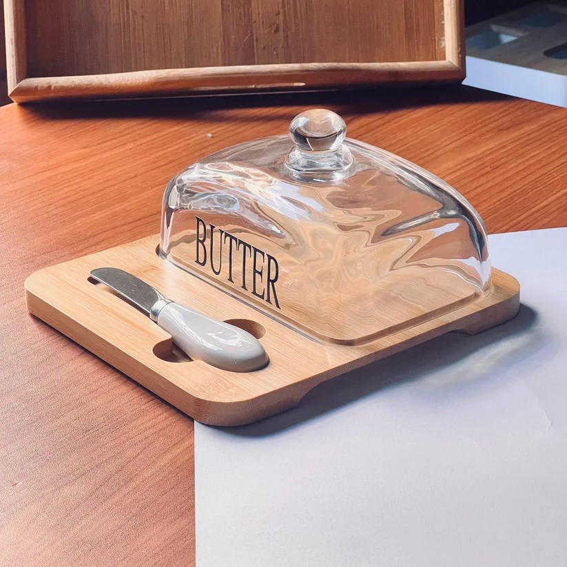 Wooden Butter Dish with Glass Lid and Knife