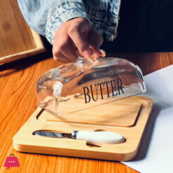 Wooden Butter Dish with Glass Lid and Knife