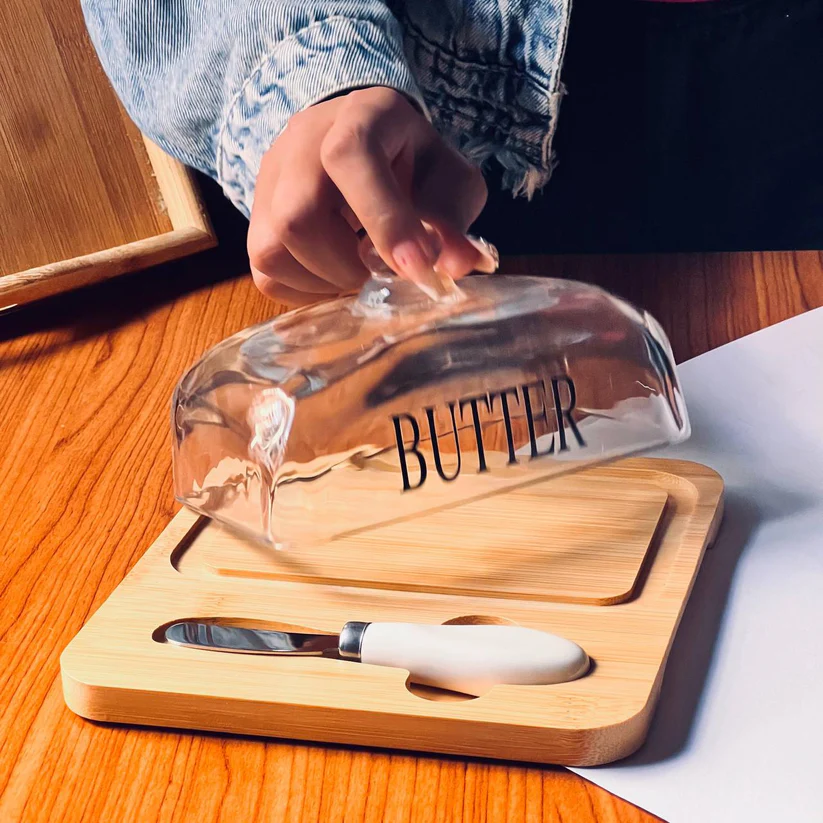 Wooden Butter Dish with Glass Lid and Knife