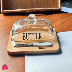 Wooden Butter Dish with Glass Lid and Knife