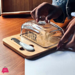 Wooden Butter Dish with Glass Lid and Knife