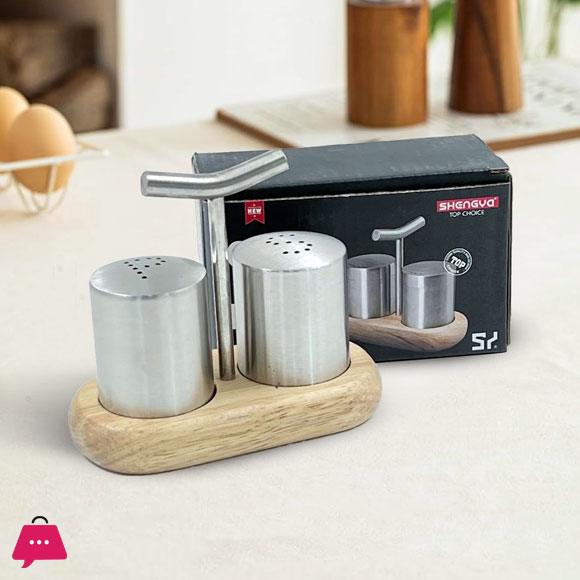 Shengya Stainless Steel Wooden Base Seasoning Set Salt & Pepper Shakker Set