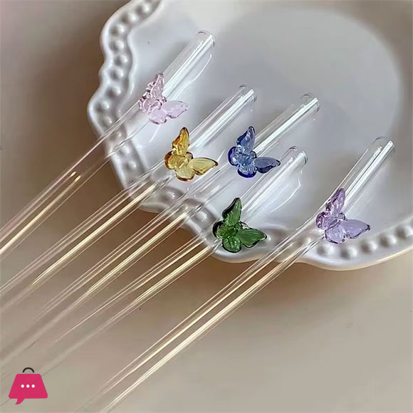 Butterfly Glass Straw 6xGlass Straw+1xBrush - Set of 7