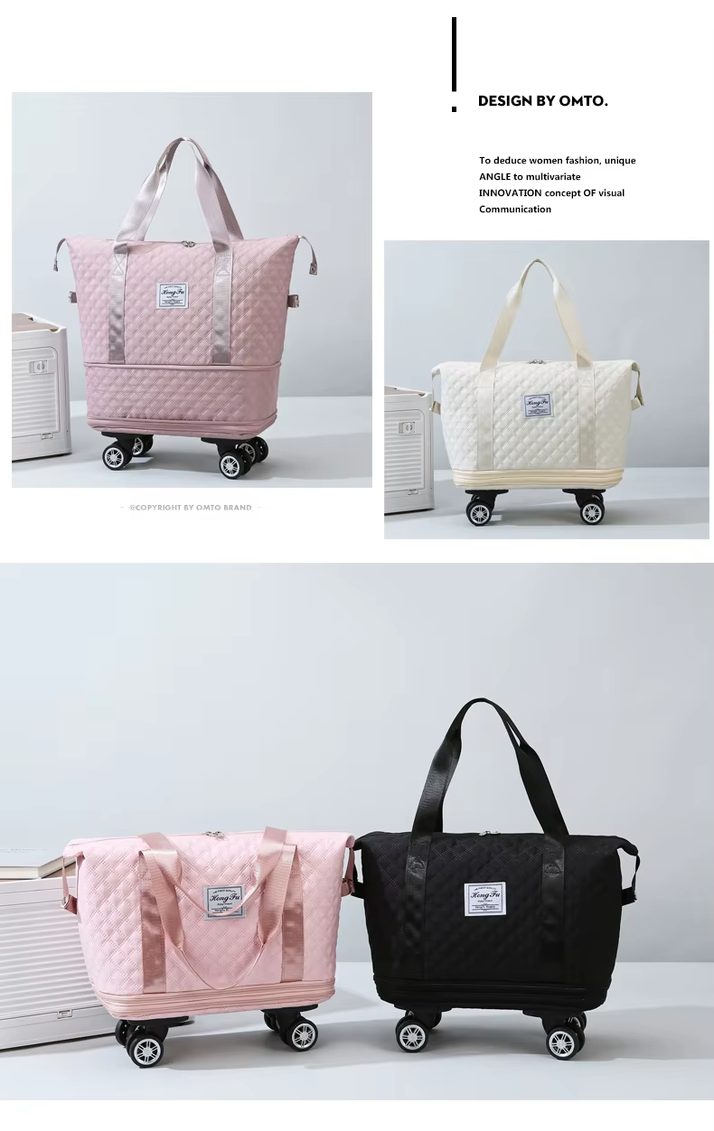 Folding Luggage Bags Lightweight Consignment Bag with Wheels Large Capacity Oxford Cloth Dry-Wet Separation Outdoor Weekend Bag