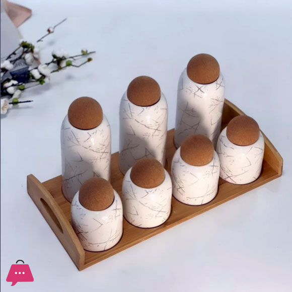 Marble Dsign Ceramic 7 Pcs Jar Set with Bamboo Stand and Cork Lid