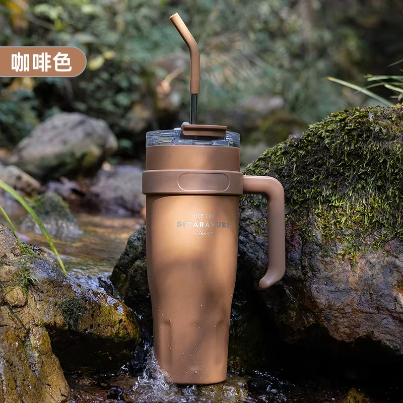 SITARAYURI Large Capacity Luxury Thermos with Handle and Straw - Stylish Stainless Steel Vacuum Flask for Work and Travel