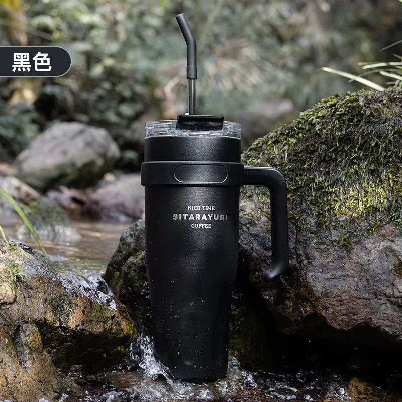 SITARAYURI Large Capacity Luxury Thermos with Handle and Straw - Stylish Stainless Steel Vacuum Flask for Work and Travel