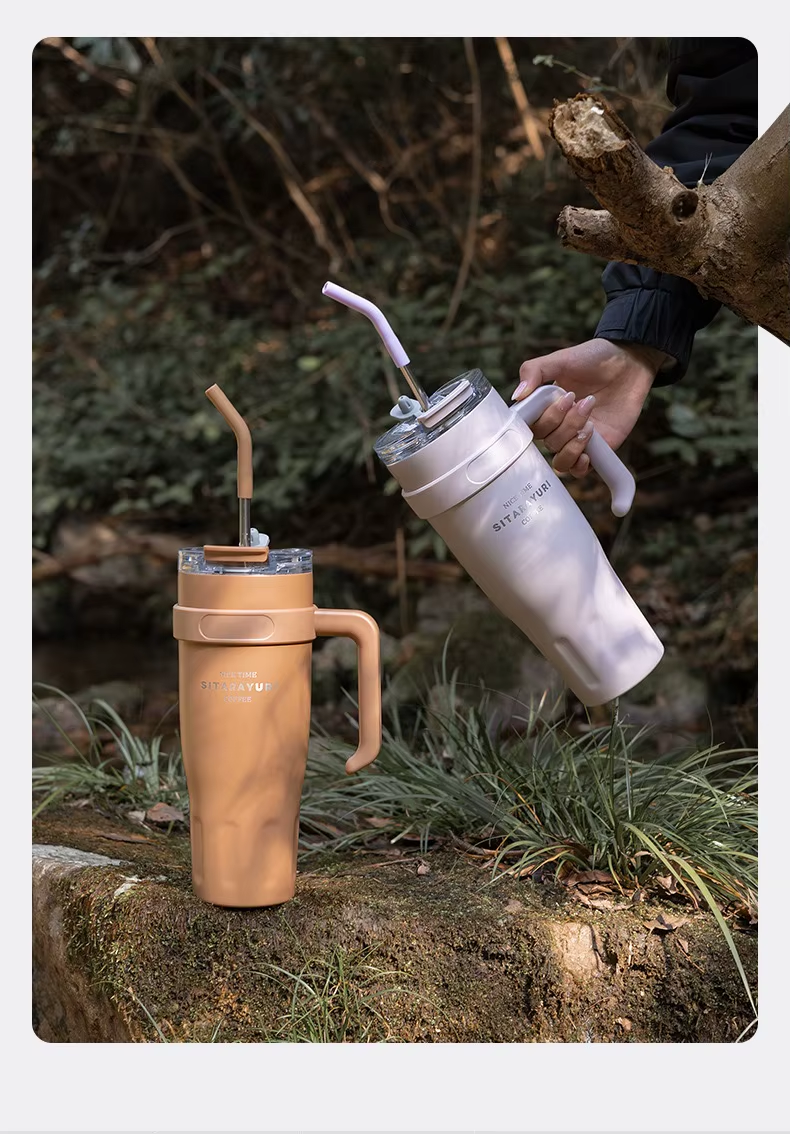 SITARAYURI Large Capacity Luxury Thermos with Handle and Straw - Stylish Stainless Steel Vacuum Flask for Work and Travel