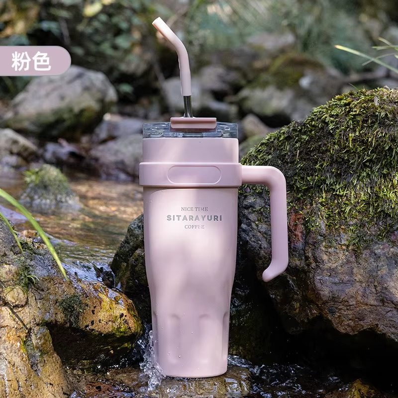 SITARAYURI Large Capacity Luxury Thermos with Handle and Straw - Stylish Stainless Steel Vacuum Flask for Work and Travel