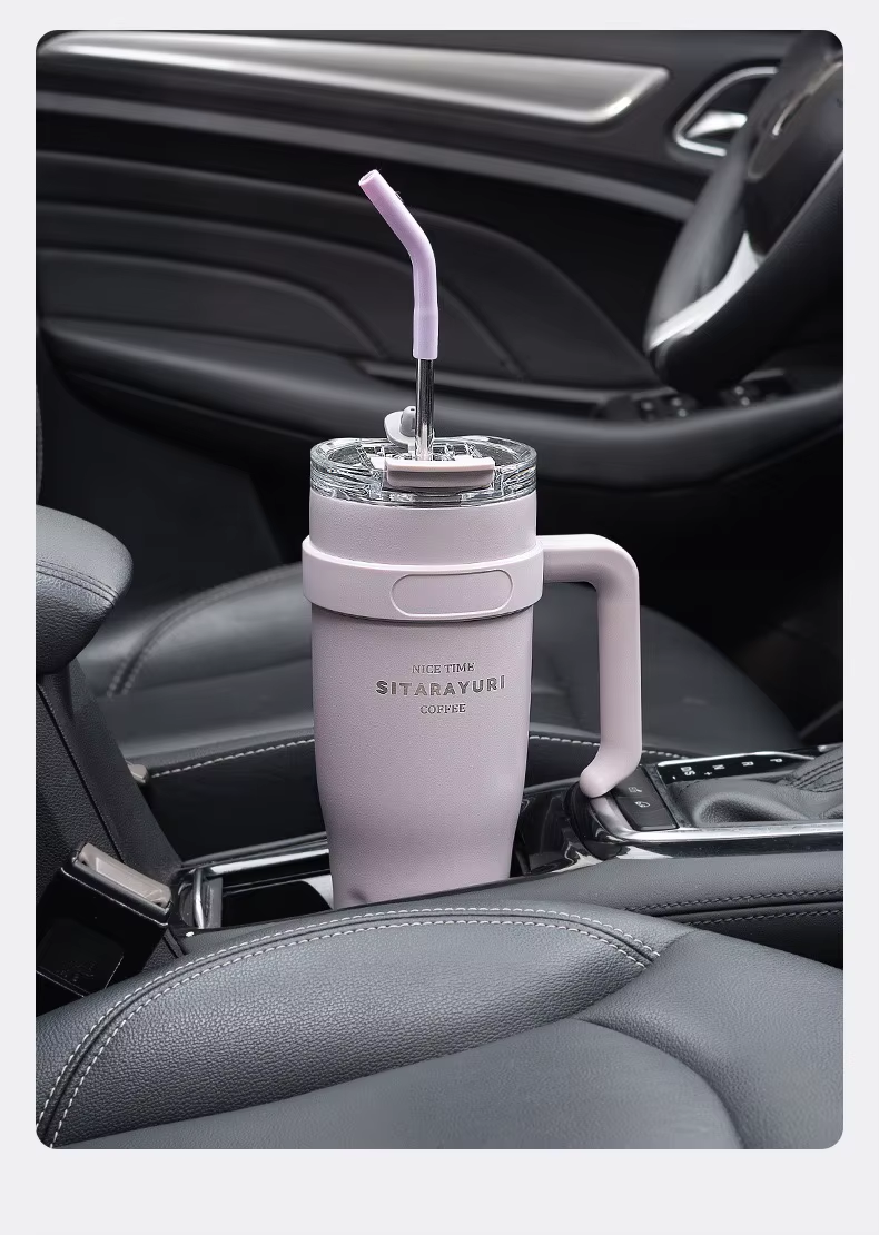 SITARAYURI Large Capacity Luxury Thermos with Handle and Straw - Stylish Stainless Steel Vacuum Flask for Work and Travel