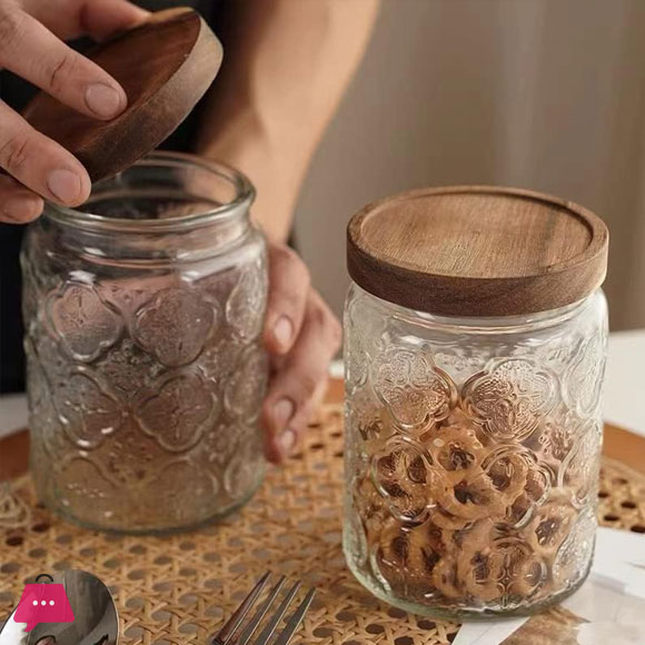 Vintage Glass Jars Canisters Glass Storage Retro Embossed Design Jars Round with Seal Wooden Lid 3 Pcs Set