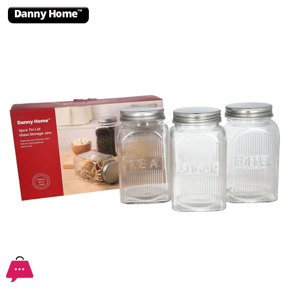 Danny Home Square Glass Storage Jars Lids Tea Coffee Sugar Jars Set of 3