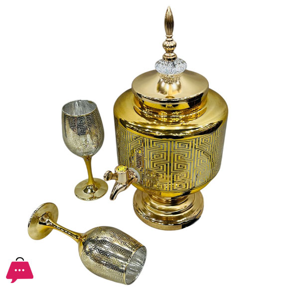Fancy Golden Round Glassware Water Set with Dispenser