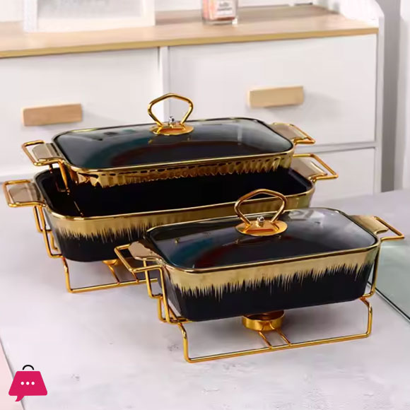 More N More Rectangular Luxury Ceramic Chafing Dish Casserole With Stand 3-Pcs