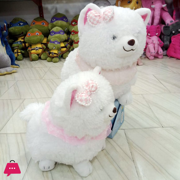 Plush Toy White Dog Pink Lace Decor Cute Stuffed Animal White Dog