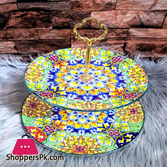 Ceramic Fruit Bowl Cake Stand 2 Tier Serving Platter with Round Glass Plate & Golden Stainless Steel