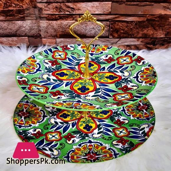 Ceramic Fruit Bowl Cake Stand 2 Tier Serving Platter with Round Glass Plate & Golden Stainless Steel