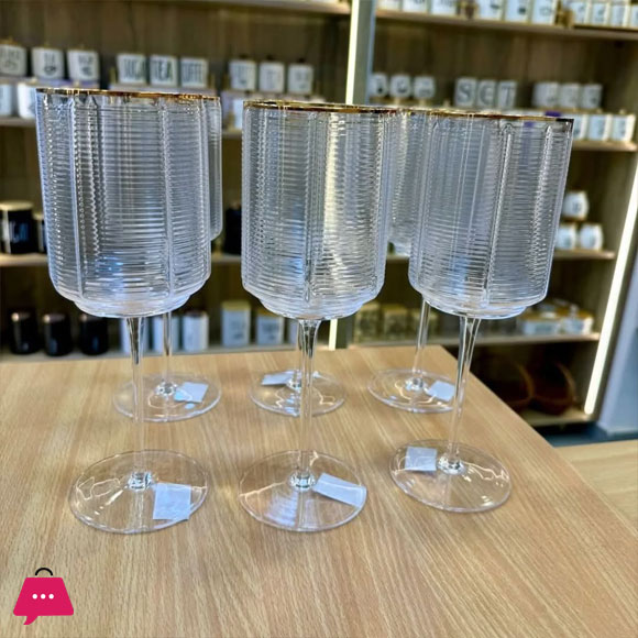 Retro Horizontal Striped Champagne Crystal Goblets Gold Rim - Set of 6