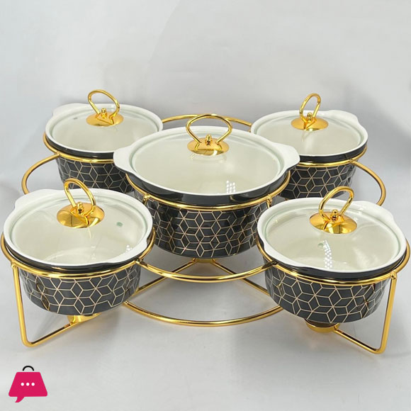 Chafing Dish Buffet Set Ceramics Chafer with Marble Finish Chafer and Buffet Warmer Round - 5 Pcs