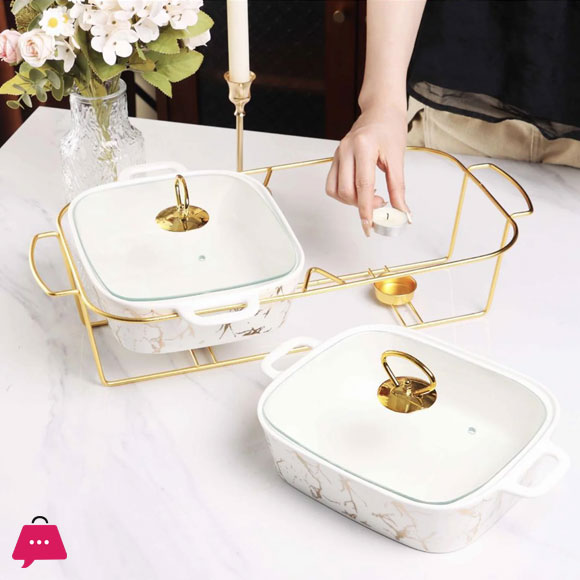 Twin Chafing Dish Buffet Set Ceramics Chafer with Marble Finish Chafer and Buffet Warmer 11.5 Inch