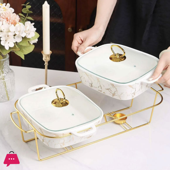 Twin Chafing Dish Buffet Set Ceramics Chafer with Marble Finish Chafer and Buffet Warmer 11.5 Inch