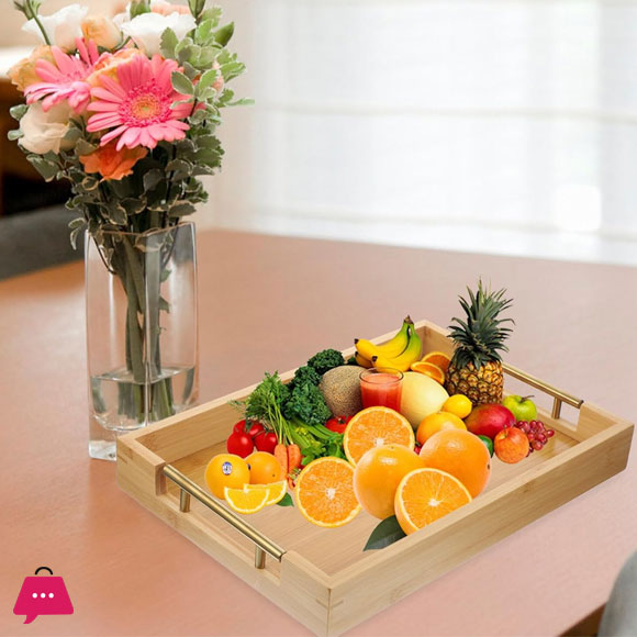 BAMBOO WOOD TRAY WITH GOLDEN HANDLE