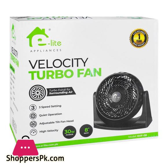 E-Lite High Velocity Turbo Fan 3 Speeds Adjustable Tilt Black EVF-08