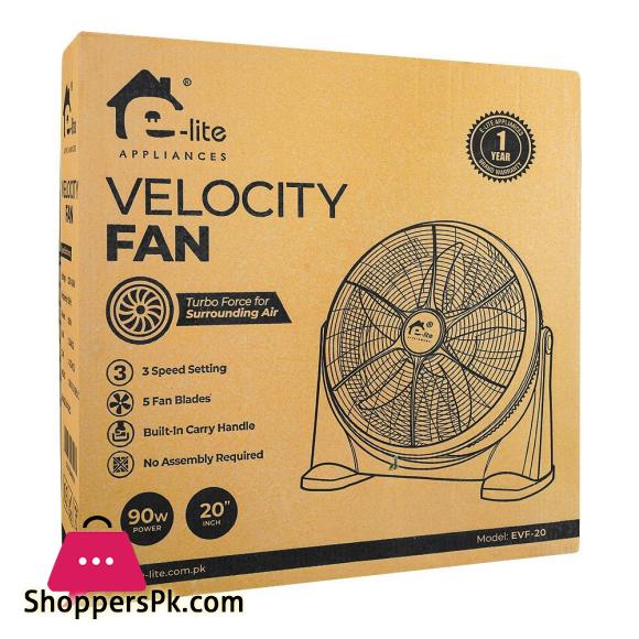 E-Lite Velocity Fan 3 Speeds Adjustable Tilt 5 Blade 90W 20 Inch Black EVF-20