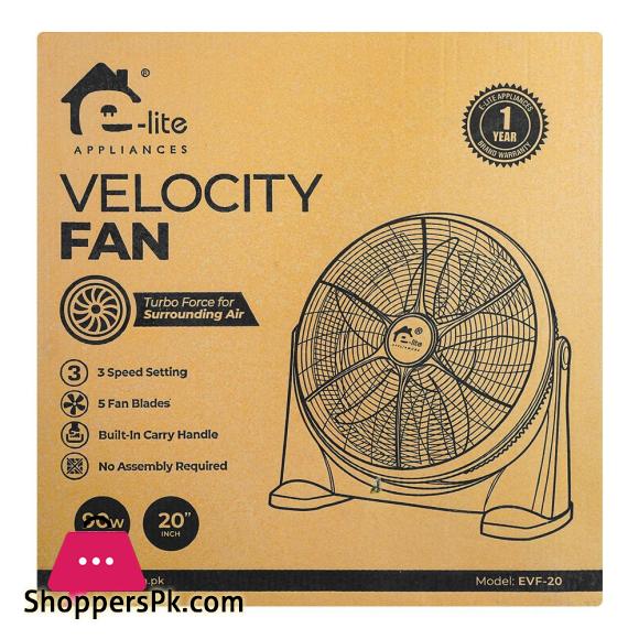 E-Lite Velocity Fan 3 Speeds Adjustable Tilt 5 Blade 90W 20 Inch Black EVF-20