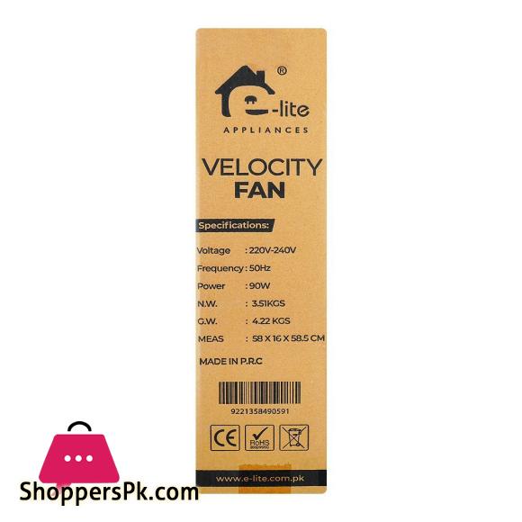 E-Lite Velocity Fan 3 Speeds Adjustable Tilt 5 Blade 90W 20 Inch Black EVF-20