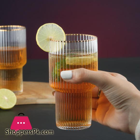 Gold Rimmed Vertical Stripe Ribbed Fluted Bottom Glass Set of 6 - Glassware Set