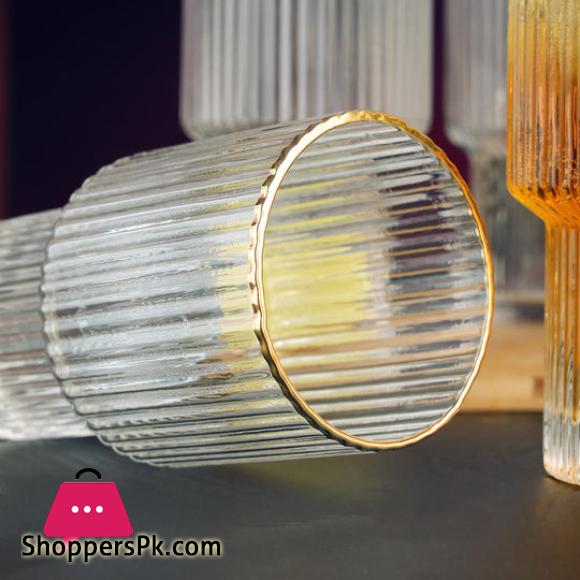 Gold Rimmed Vertical Stripe Ribbed Fluted Bottom Glass Set of 6 - Glassware Set