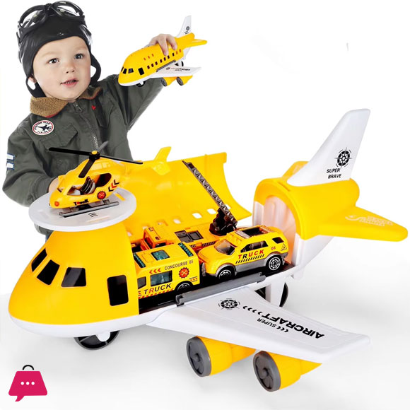 Airplane Track Set - Transport Plane with 3 Mini Cars and 1 Mini Helicopter Education Vehicle