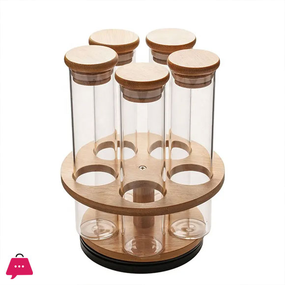 Bamboo Rotating Glass Tube Spice Rack with Stand 6 Piece
