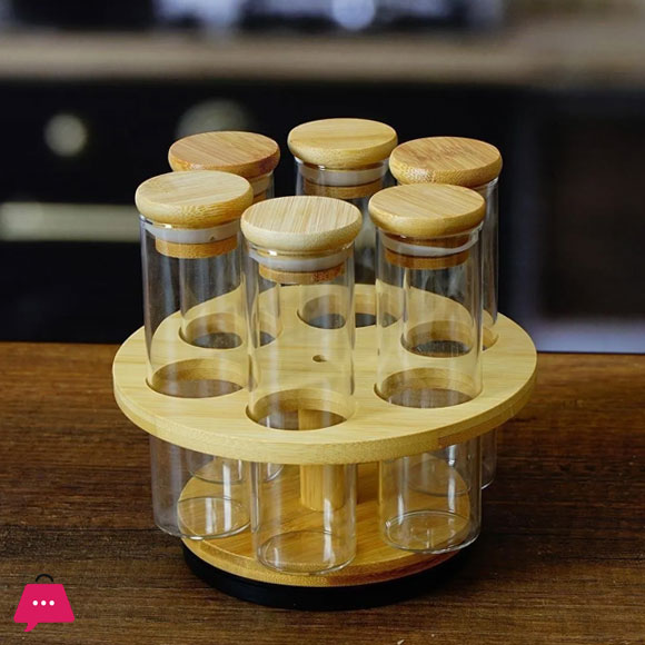 Bamboo Rotating Glass Tube Spice Rack with Stand 6 Piece