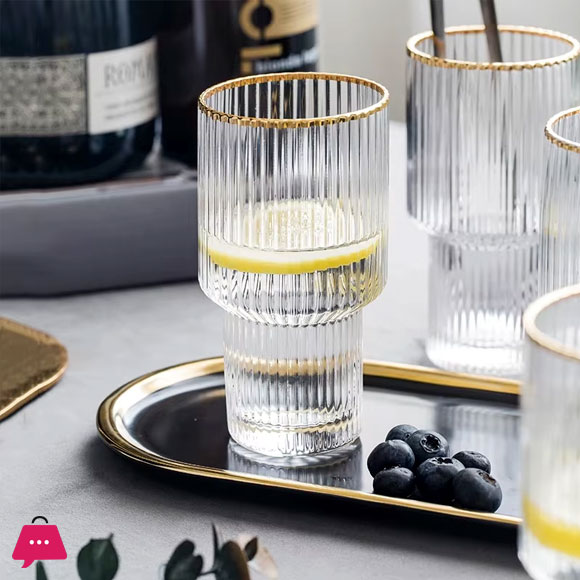 Gold Rimmed Vertical Stripe Ribbed Fluted Bottom Glass Set of 6 - Glassware Set