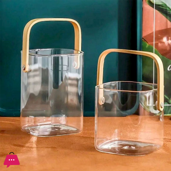Multi-Purpose Square Pyrex Glass Bucket with Bamboo Handle