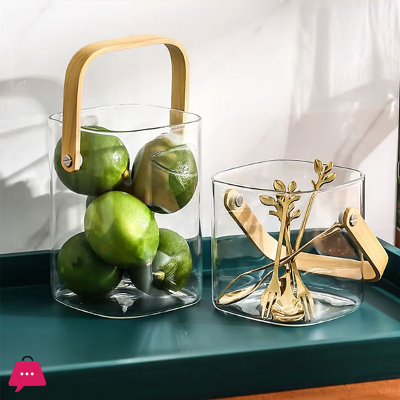Multi-Purpose Square Pyrex Glass Bucket with Bamboo Handle