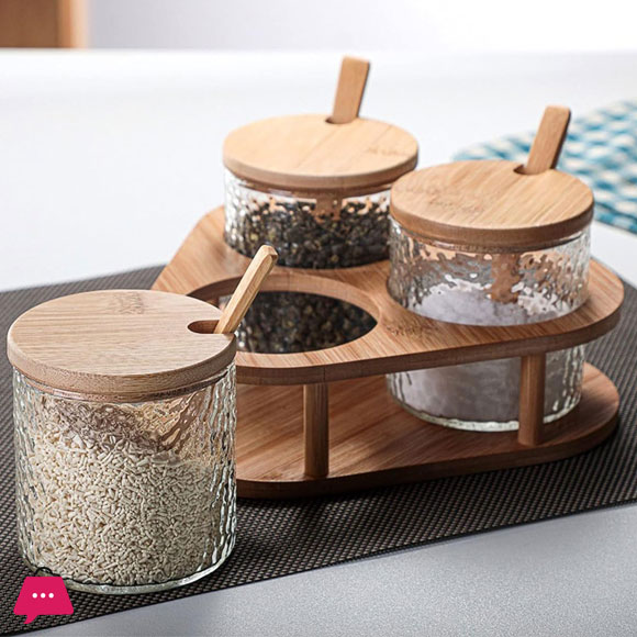3 Glass Seasoning Jar Set Hammer Mesh Kitchen Condiment Box with Bamboo Lids Tray Spoon Seasoning Container for Spice Salt Sugar