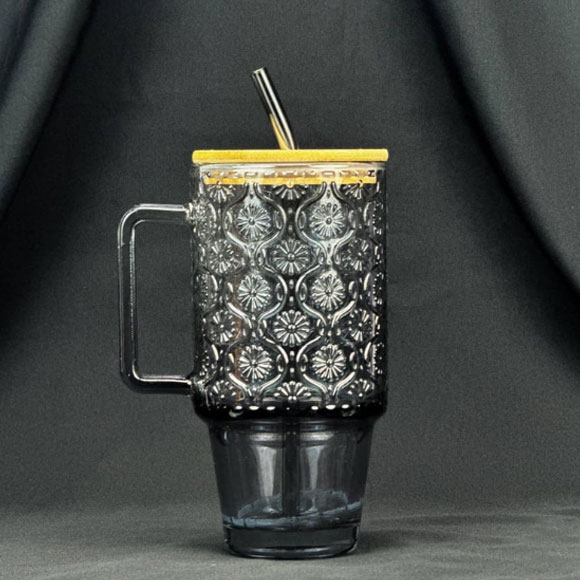 Tumbler Glass Cup with Bamboo Lid & Straw - 600ml