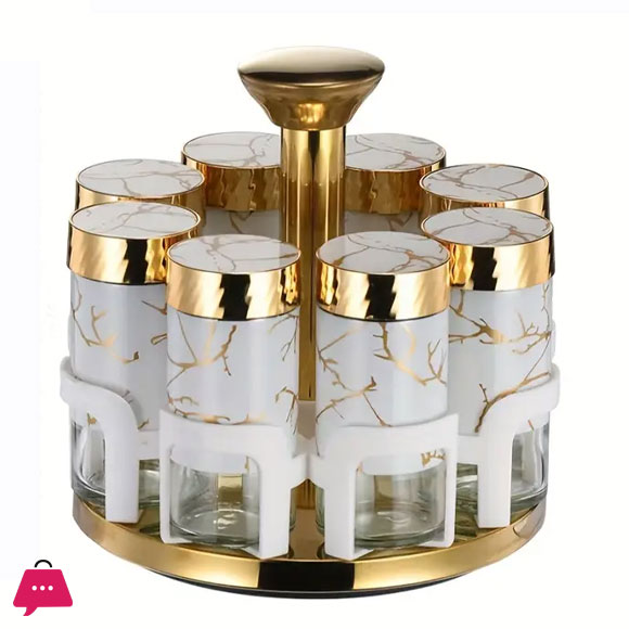 8-Bottle Kitchen Spice Set with Golden Handles - Elegant White & Golden Glass Shaker Jars for Seasonings,