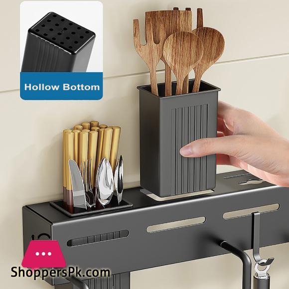 Kitchen Wall Mounted Utensil Rack Knife Holder Cutlery Storage Organiser Shelf with Removable Hooks and Dish Cloth Rack