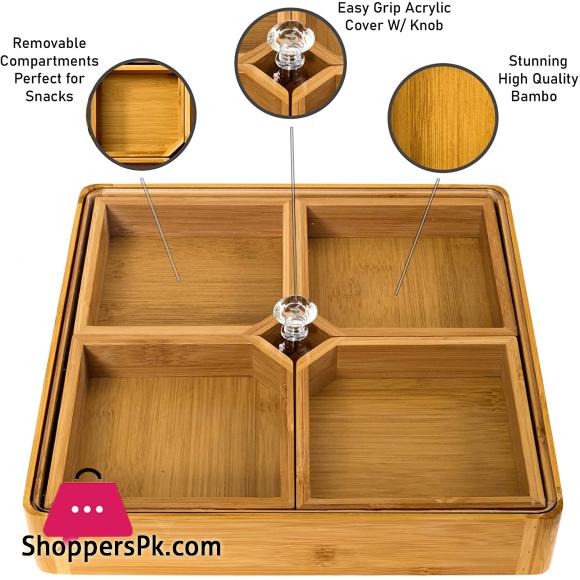 4 Compartments Bamboo Wooden Divided Serving Tray with Lid