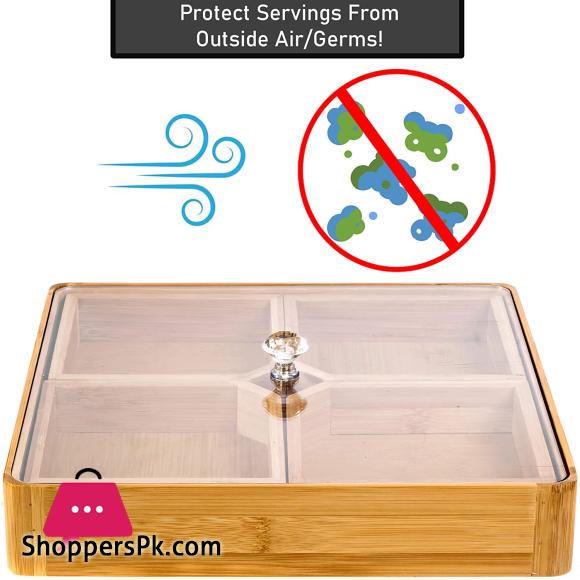 4 Compartments Bamboo Wooden Divided Serving Tray with Lid